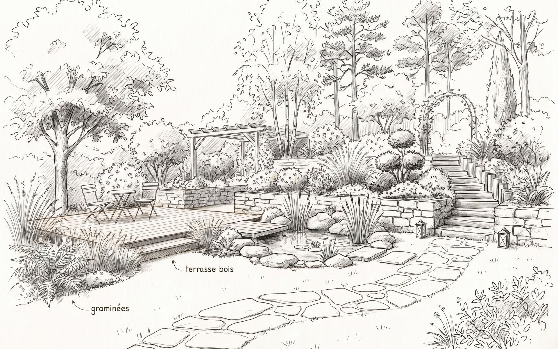 Croquis au trait du projet de jardin, avec les étiquettes manuscrites